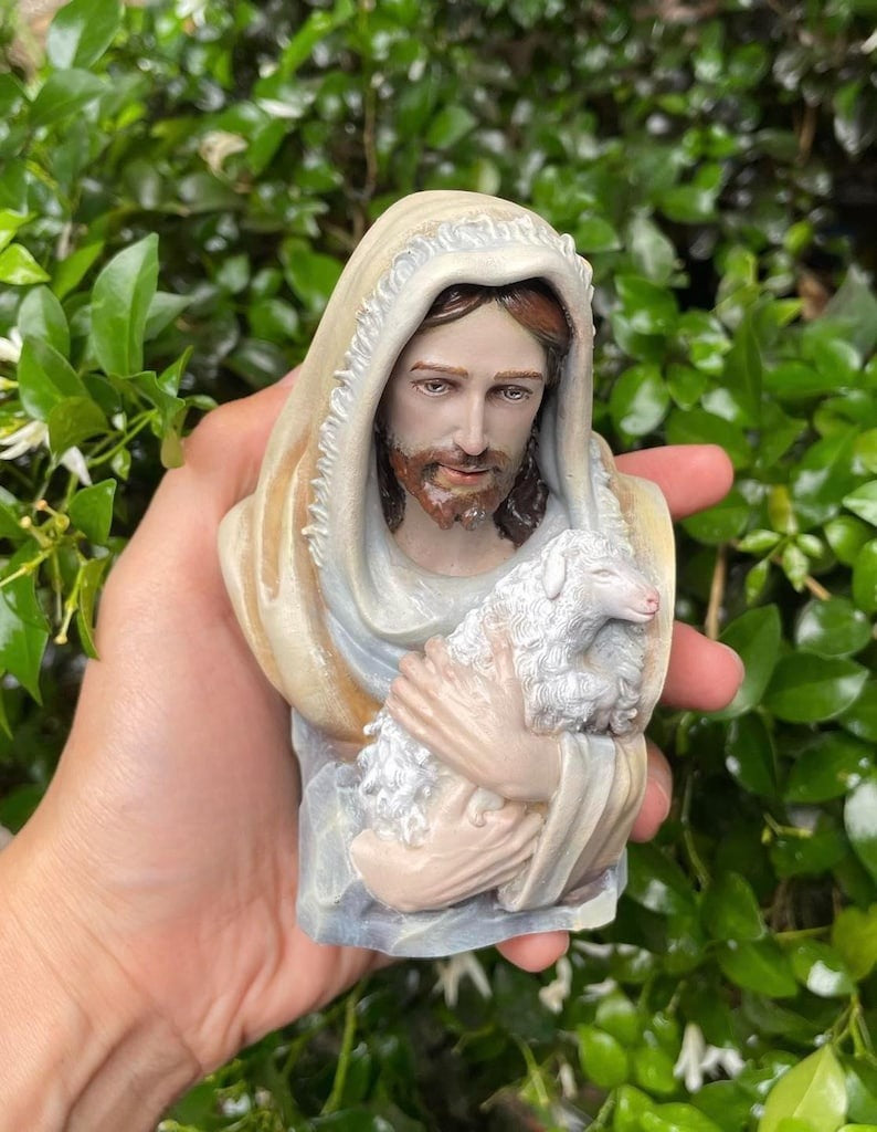 Hand Painted Jesus Good Shepherd Statue, Pastel Religious Figurine, Catholic Spiritual Gift, Car Dashboard Decor, Christian Home Altar